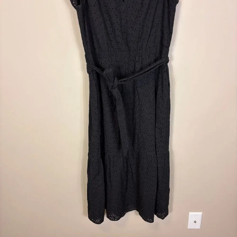 Evereve Black Eyelet V Neck Cotton Sleeveless Midi Dress with Belt XL‎